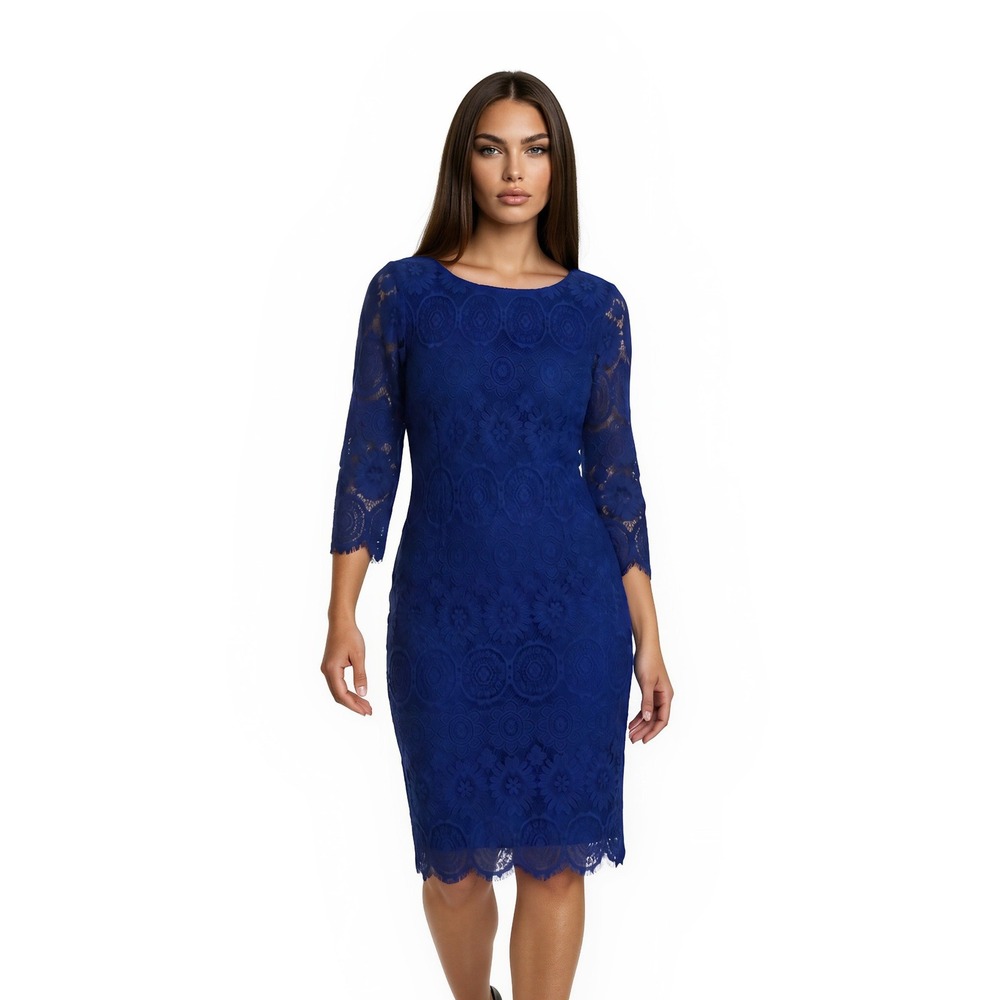 Jessica Howard Lace Sheath Dress Women's Size 8 Royal Blue Scalloped Cocktail